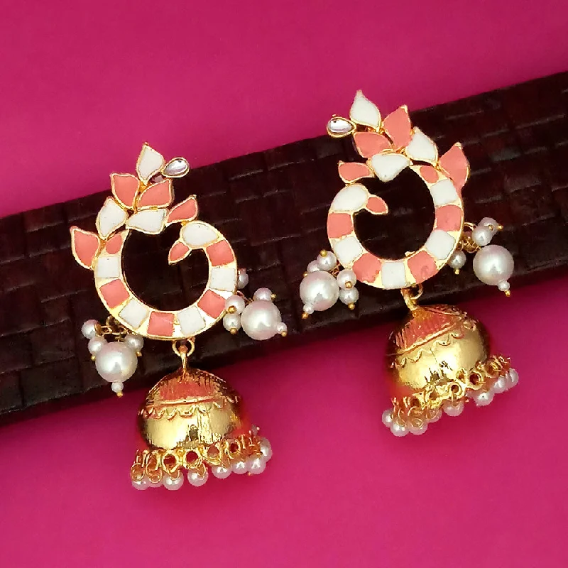 women gold stud earrings -Kriaa Peach Meenakari Peacock Design Jhumka Earrings