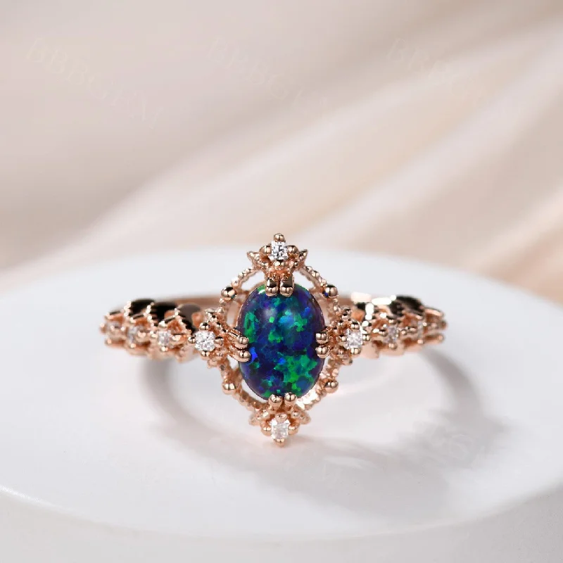 women modern engagement rings -14K/18K  Vintage Black Opal Engagement Ring Diamond Band Promise Jewelry