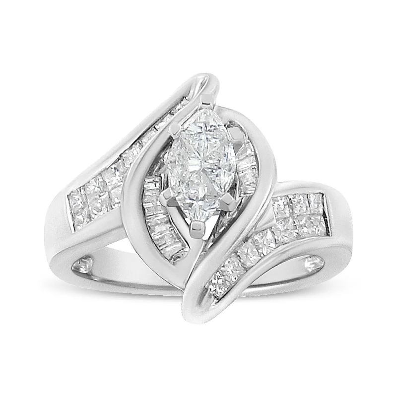 women princess cut engagement rings -14K White Gold 1 1/4 Cttw Pie, Baguette and Princess cut Diamond Marquise Shape Engagement Cocktail Ring