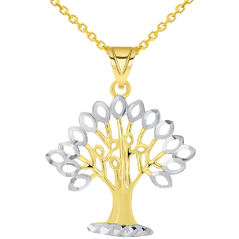 women minimalist pendant necklaces -14k Yellow Gold Solid and Textured Tree of Life Two-Tone Pendant Necklace with Cable Chain