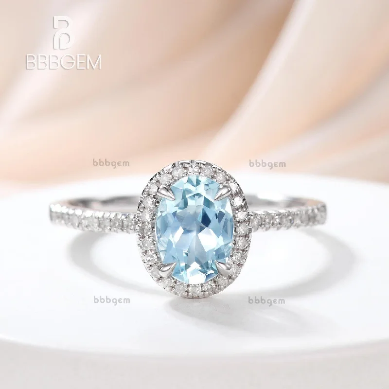 women luxury engagement rings -Aquamarine and Moissanite Ring 14k/18k Gold Engagement Promise Ring Halo Claw Prongs