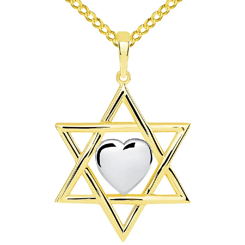 women trendy necklaces -14k Yellow Gold Jewish Love Star of David with Heart Pendant with Cuban Chain Necklace