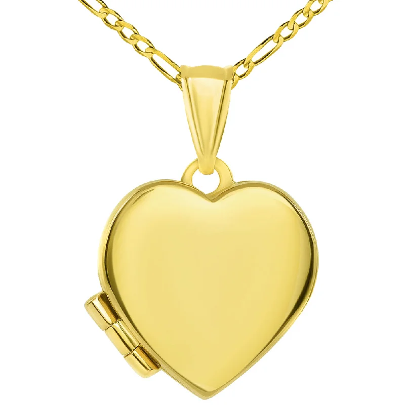 women luxury silver necklaces -14k Yellow Gold Plain and Simple Heart Love Locket Pendant with Figaro Chain Necklace