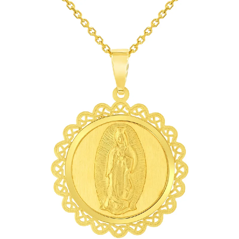 women boho necklaces -14k Yellow Gold Round Ornate Miraculous Medal of Our Lady of Guadalupe Pendant Necklace