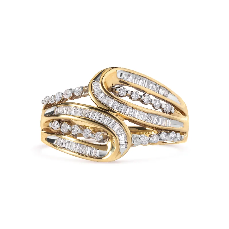 women custom diamond engagement rings -10K Yellow Gold 1/2 Cttw Round and Baguette cut Diamond Open Space Bypass Ring