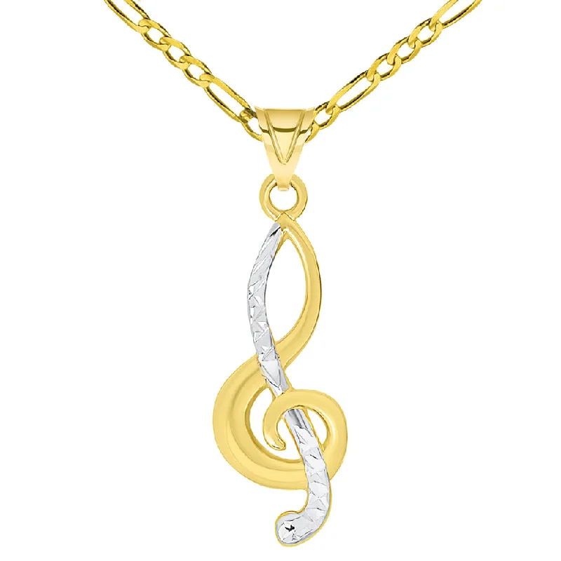 women heart necklaces -14k Yellow Gold Textured G Clef Charm Two Tone Musical Note Pendant Necklace Available with Figaro Chain