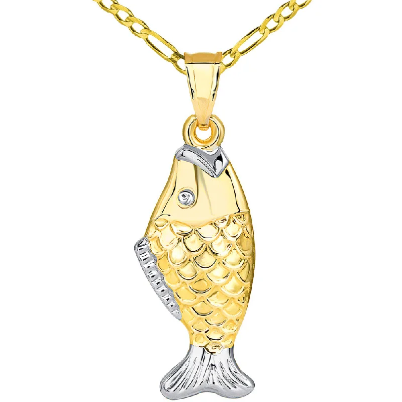 women halo necklaces -14k Yellow Gold Well Detailed Two Tone 3D Bass Vertical Fish Pendant Figaro Necklace