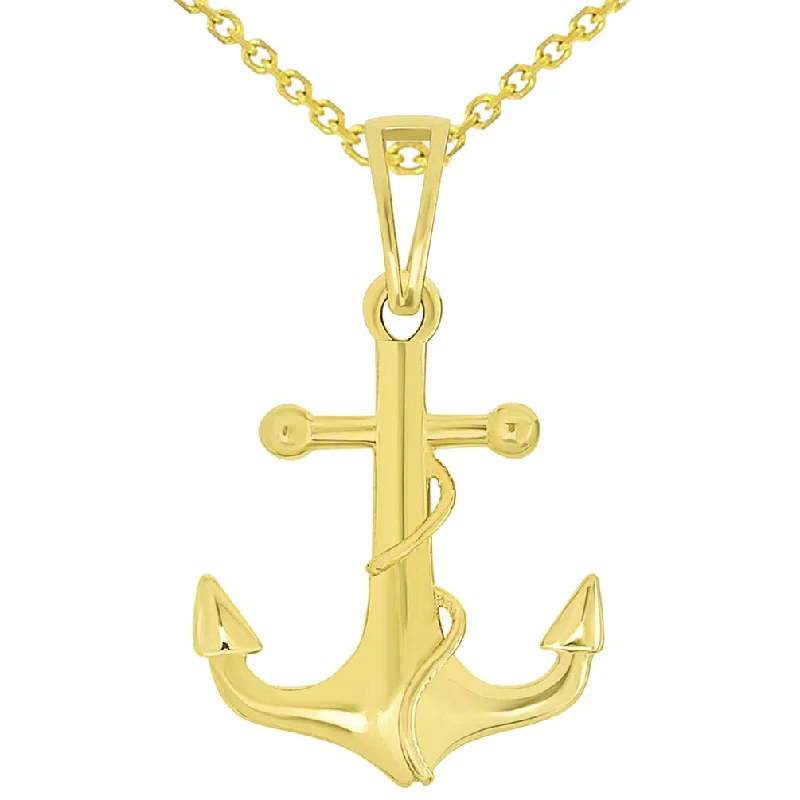 women minimalist gold necklaces -Solid 14k Yellow Gold Maritime Anchor with Rope Pendant Necklace Available with Cable Chain Necklaces