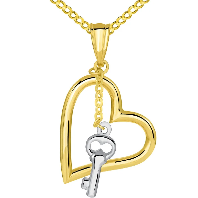 women antique necklaces -14k Two Tone Gold Open Heart Pendant with White Gold Dangling Key Charm Cuban Necklace