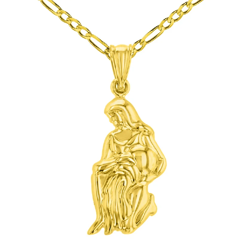 women crystal necklaces -High Polish 14k Yellow Gold 3D Aquarius Water-Bearer Zodiac Sign Charm Pendant Figaro Chain Necklace