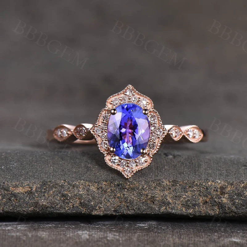 women emerald cut engagement rings -Vintage floral tanzanite engagement ring diamond rose gold wedding ring custom ring