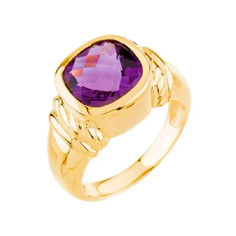 women custom rings -14K Yellow Gold Cushion Statement Amethyst Ring