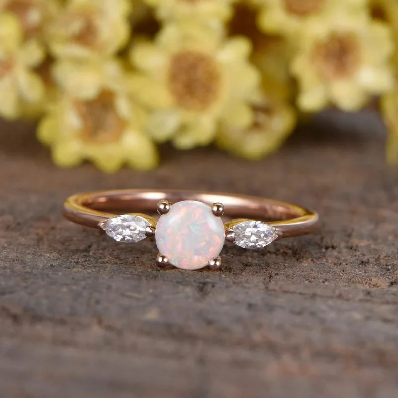 women antique-style engagement rings -Three Stone 0.5 Carat Opal Engagement Ring Round Cut Rose Gold Marquise Shaped Moissanite