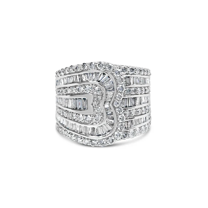 women vintage-style engagement rings -10K White Gold 2 1/2 Cttw Round and Baguette-Cut Diamond Multi-Row Bypass Ring