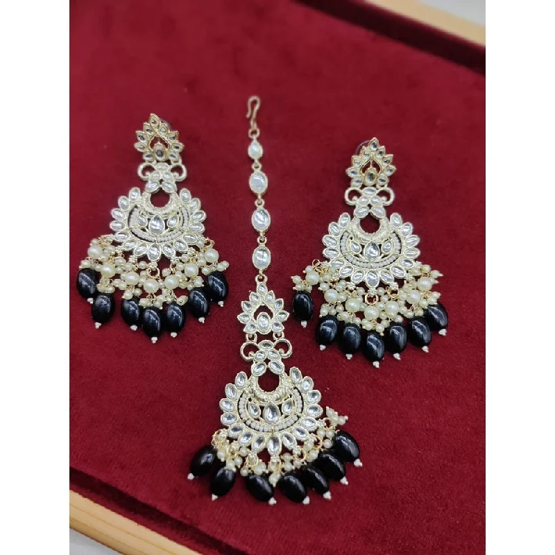 women statement drop earrings -Akruti Collection Gold Plated Kundan Stone And Pearls Earrings With Maangtikka