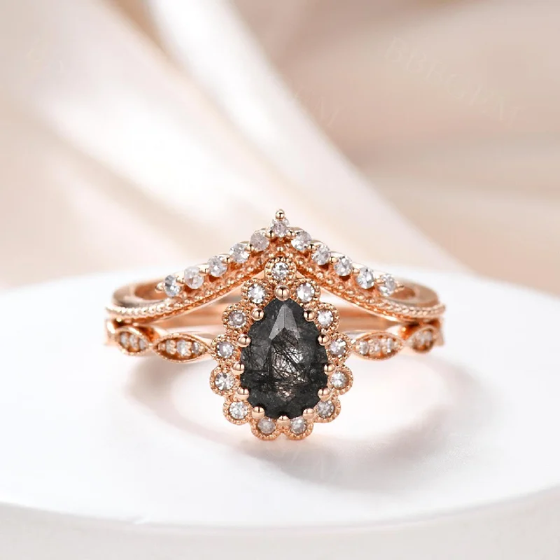 women oval diamond engagement rings -Pear Shaped Black Rutilated Engagement Ring Rose Gold Diamond Wedding Ring Black Gemstone Ring Anniversary Gift