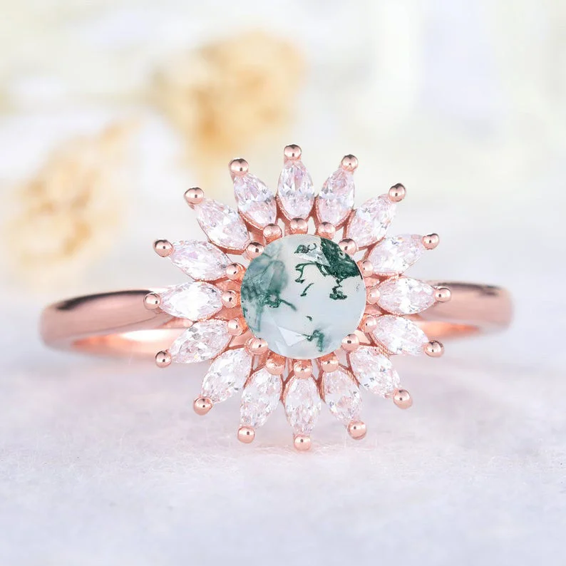 women birthstone engagement rings -0.5CT Sunflower Floral Round Cut Moss Agate Engagement Ring Diamonds Halo Ring Rose Gold