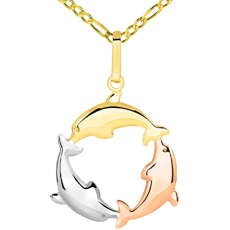 women minimalist necklaces -14k Tri Color Gold 3D Three Dolphins Jumping Around Circle Pendant Figaro Necklace