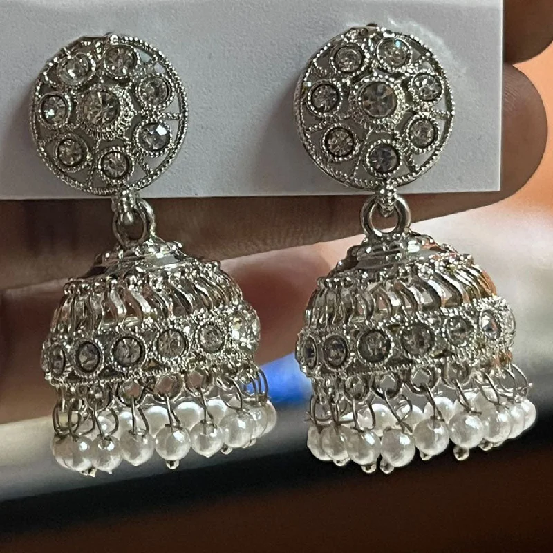 women engraved earrings -Shree Chamunda Jewellers Silver Plated Austrian Stone And Pearls Jhumki