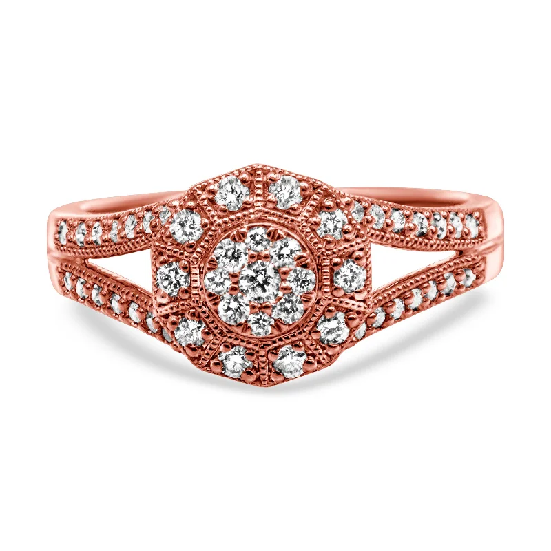 women custom designed engagement rings -14K Rose Gold Plated .925 Sterling Silver 1/2 Cttw Pave Diamond Halo Cluster Split Shank Cocktail Ring