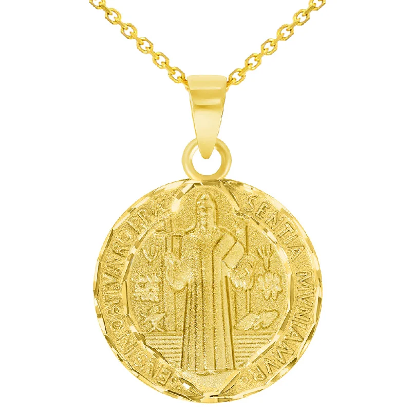 women engraved necklaces -Solid 14k Yellow Gold Round Shaped St. Benedict Medallion Charm Pendant with Cable Chain Necklace