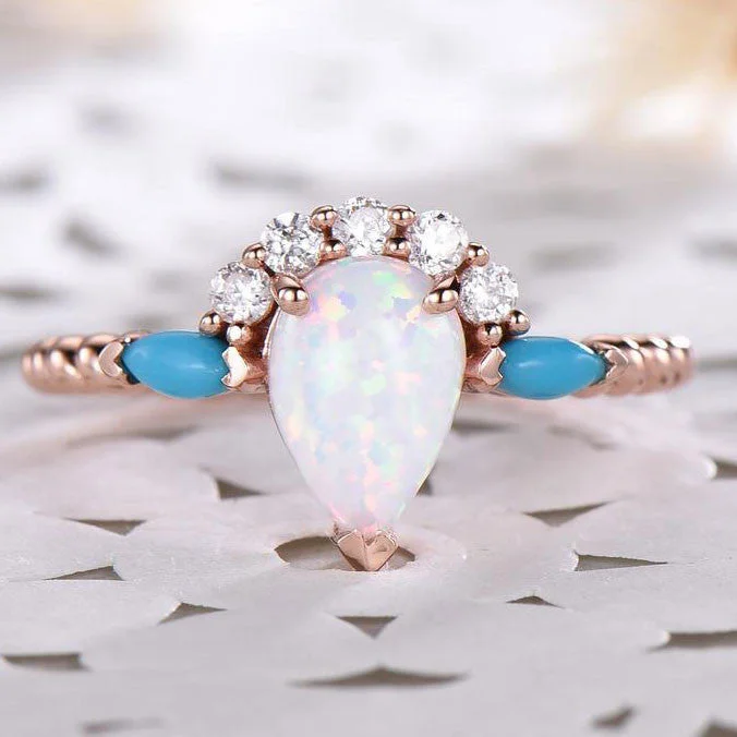 women elegant engagement rings -Pear Shaped Opal Engagement Ring Rose Gold CZ Diamond Turquoise Vintage Art Deco Wedding Jewelry Bridal Women Promise Anniversary Gift