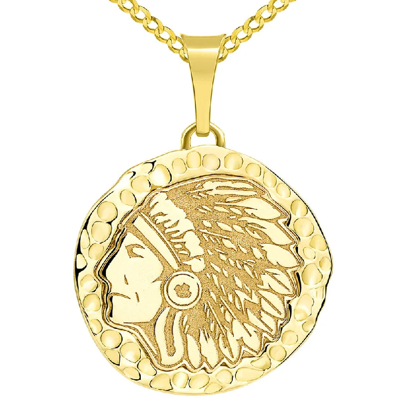 women pearl pendant necklaces -14k Yellow Gold Hand Engraved Native American Chief Indian Head Round Pendant with Cuban Chain Necklace