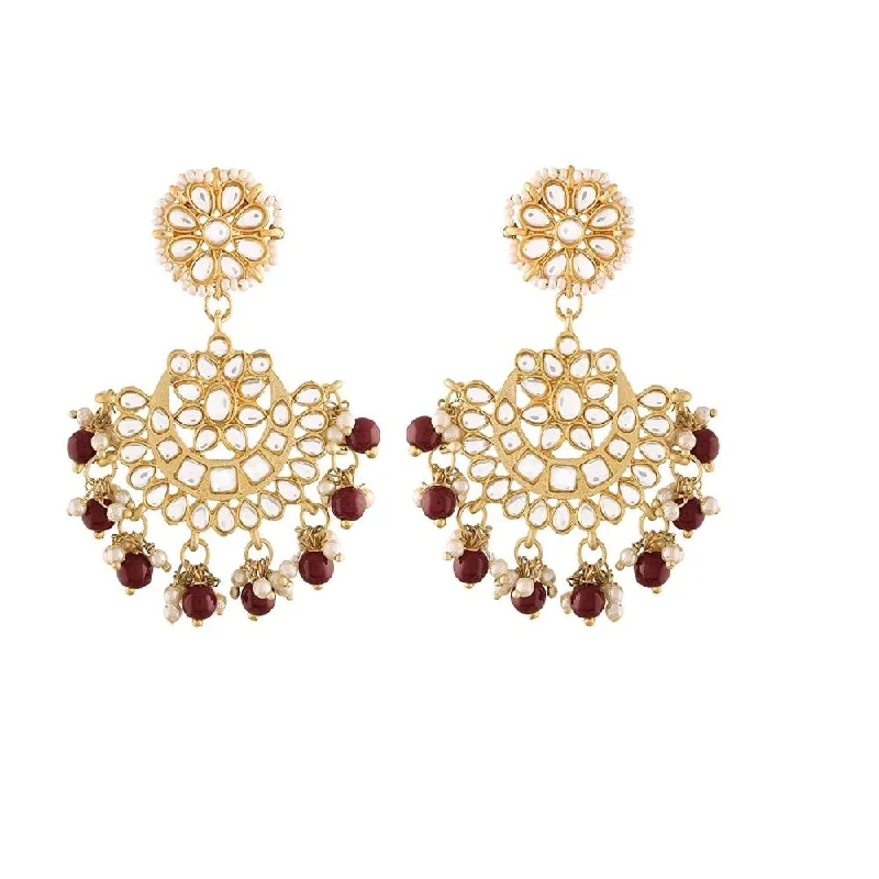 women custom engraved earrings -Etnico 18K Gold Plated Matt Finish Chandbali Earrings Handcrafted Kundan & Pearl (E2911M)