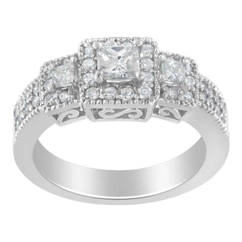 women custom designed engagement rings -14K White Gold Round and Princess-Cut Diamond Three Stone Ring