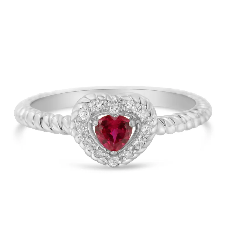 women platinum engagement rings -Sterling Silver 4MM Lab Created Ruby Heart and Diamond Accent Heart Ring