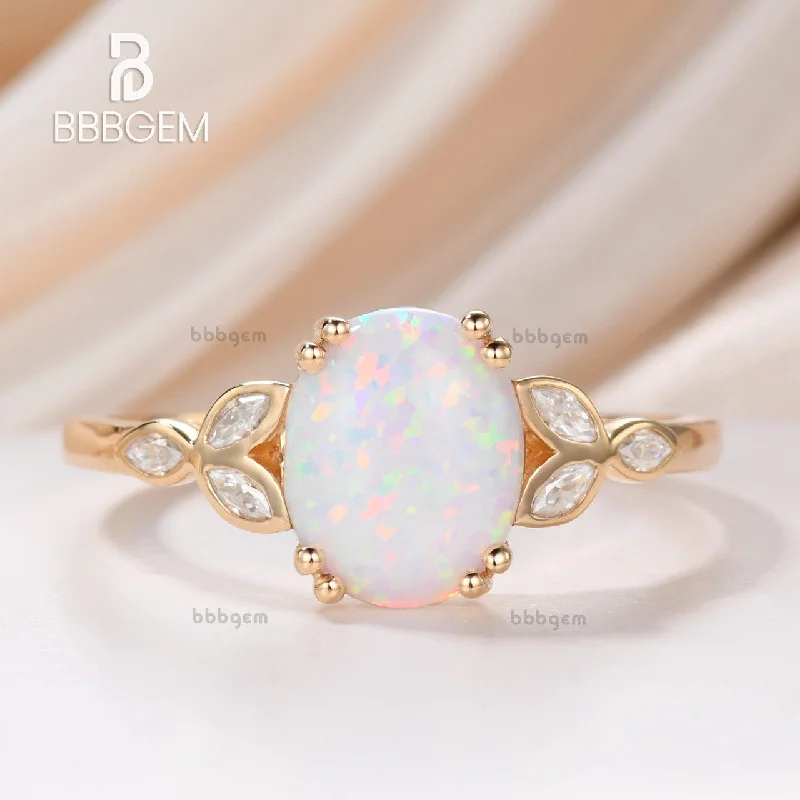 women luxury engagement rings -14K/18K Gold Vintage Oval White Opal Moissanite Rose Gold Engagement Ring  10x8mm 3.5 Carat