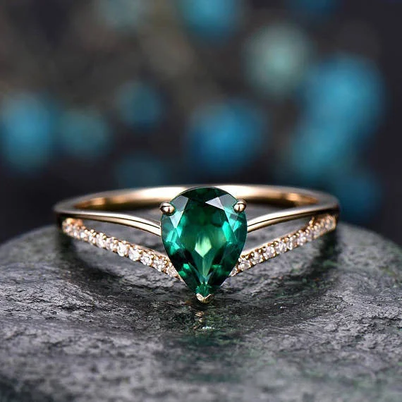 women engagement rings with side stones -Pear Cut Emerald engagement ring 14k yellow gold-handmade Diamond ring-Split Shank Stacking band-gemstone promise ring-anniversary ring