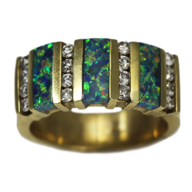 women elegant wedding rings -14K Yellow Gold Opal and Diamond Thick Ring