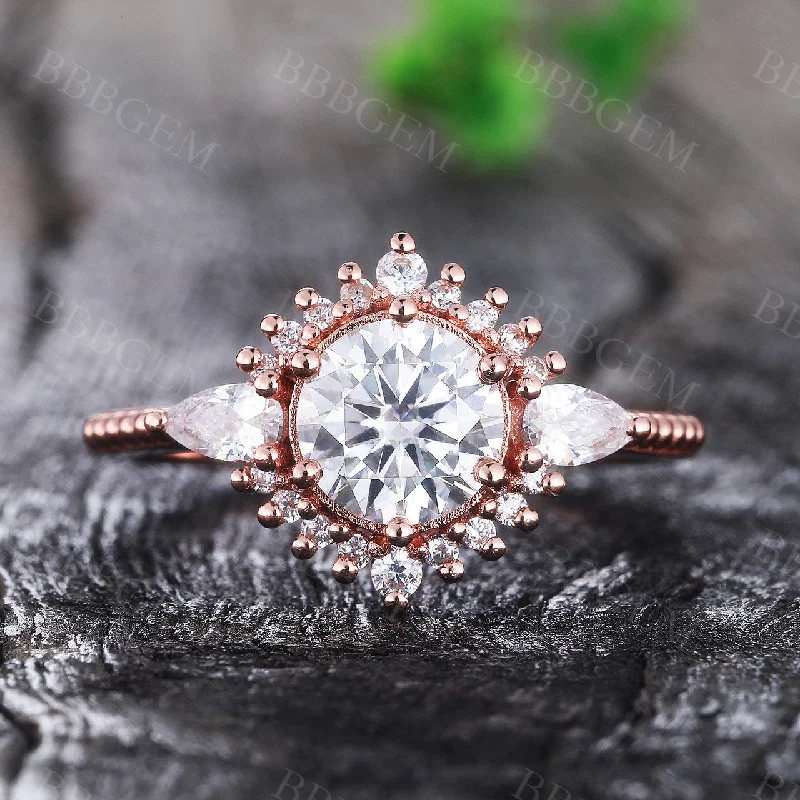 women wedding engagement rings -Art Deco 1.25CT Round Cut Moissanite Engagement Ring Milgrain Rose Gold Band