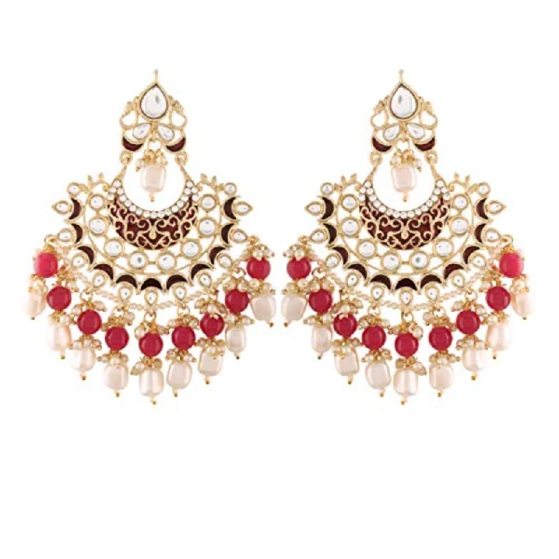 women gemstone drop earrings -Etnico Women's 18K Gold Plated Intricately Designed Alloy Red Enamel Glided with Kundans and Pearls Traditional Earrings (E2900M)