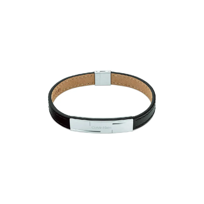 women oversized bangles -Calvin Klein Grid men bracelet black leather plate with logo Ref :35000056