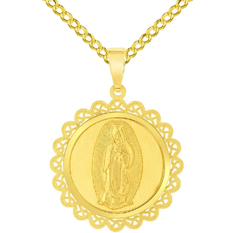 women layered necklaces -14k Yellow Gold Round Ornate Miraculous Medal of Our Lady of Guadalupe Pendant with Cuban Chain Curb Necklace