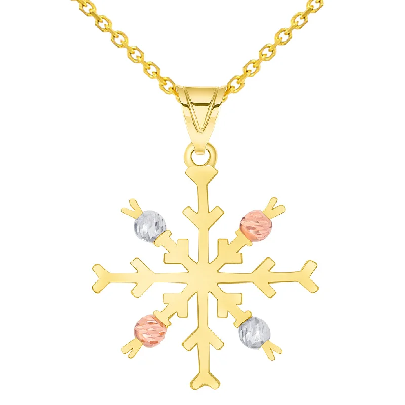 women engagement necklaces -Solid 14k Tri-Color Gold High Polish Snowflake with Textured Beads Pendant Available with Cable Chain