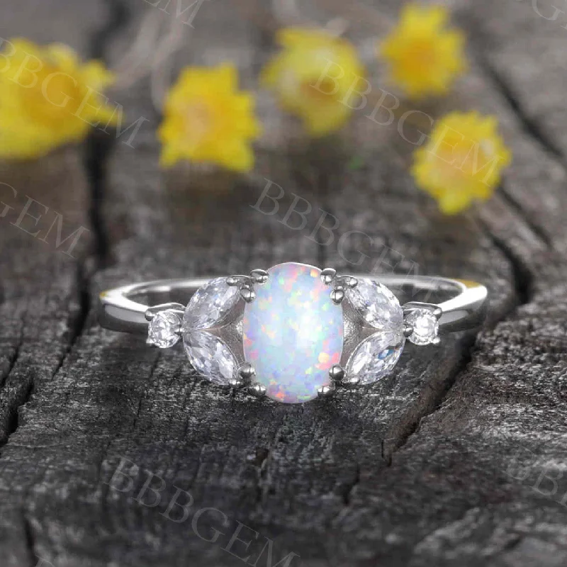 women unique cut engagement rings -Art Deco Verbena Opal Moissanite Diamond Engagement Ring Marquise Antique