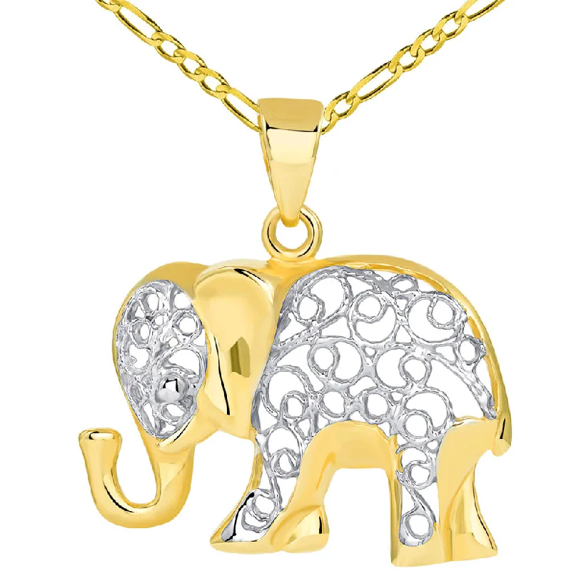 women emerald necklaces -14k Yellow Gold Elegant Filigree Two Tone Elephant Pendant with Figaro Chain Necklace