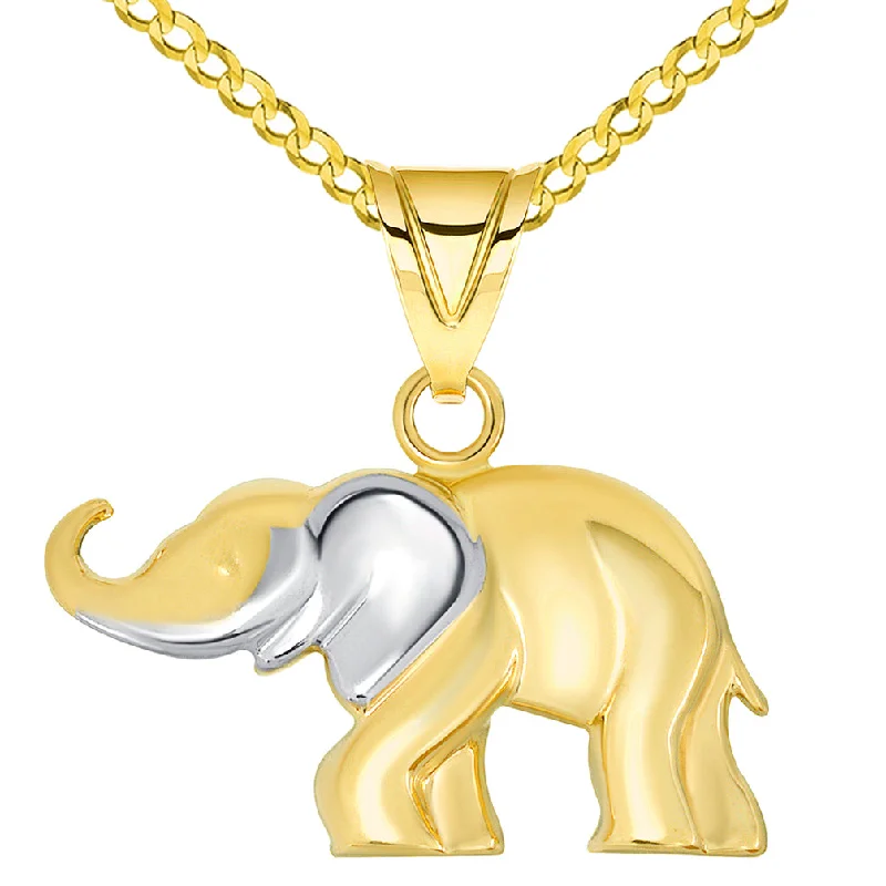 women link necklaces -14k Yellow Gold High Polished Two Tone Elephant Pendant Necklace with Curb Chain