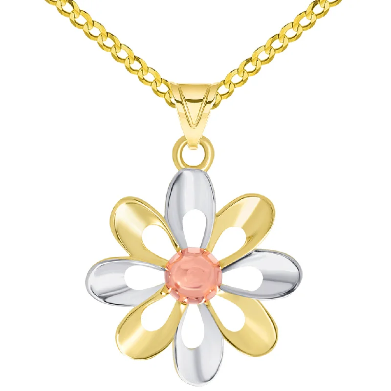 women personalized necklaces -14k Yellow Gold and Rose Gold High Polish Tri-Tone Open Daisy Charm Pendant Available with Curb Chain