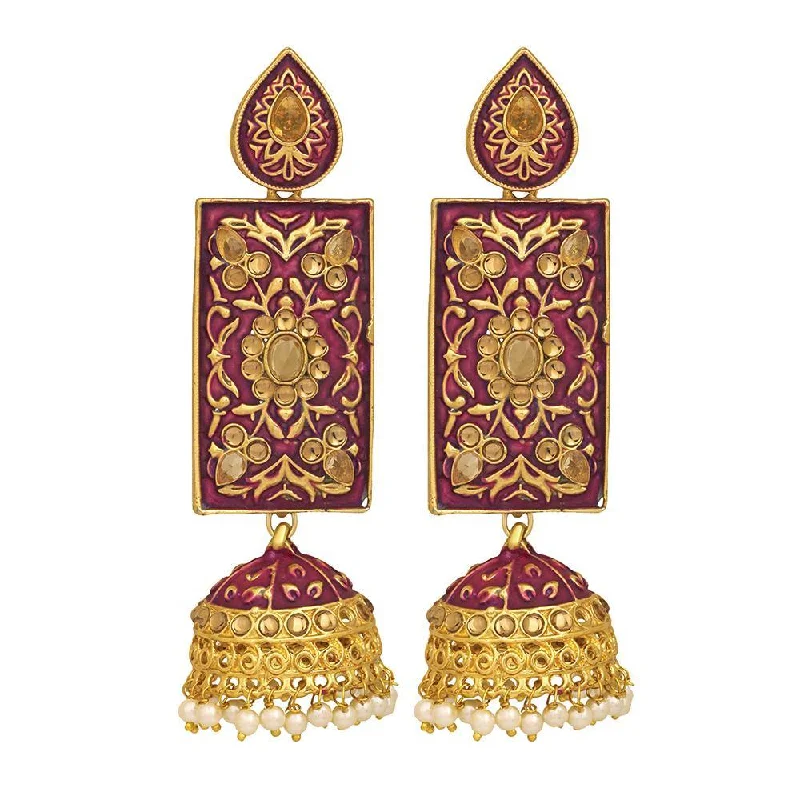 women hoop earrings -Mahi Maroon Meenakari Work Enamelled Rectangular Dangle Jhumka Earrings with Artificial Pearl for Women (ER1109714GMrn)