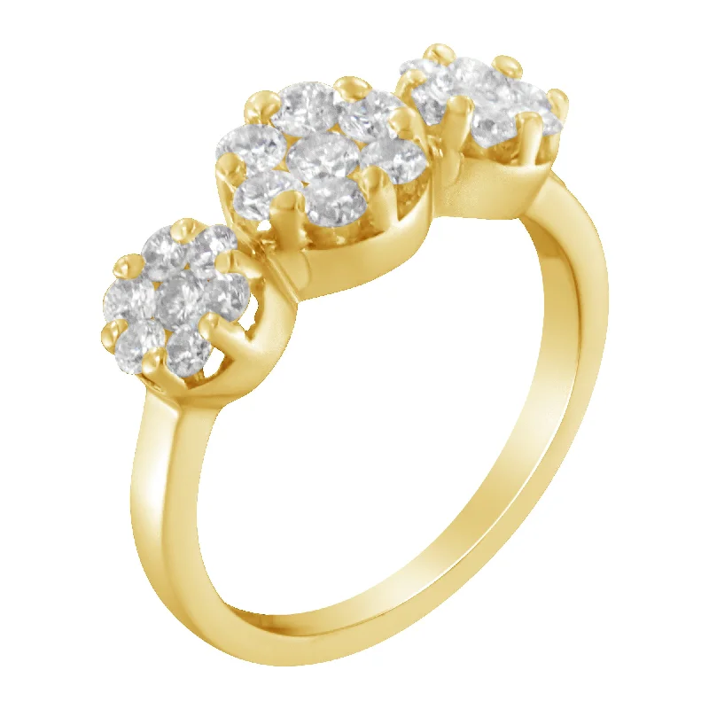 women oval engagement rings -14K Yellow Gold 1-1/4 Cttw Brilliant Cut Diamond Three Round Floral Clusters Engagement or Fashion Ring