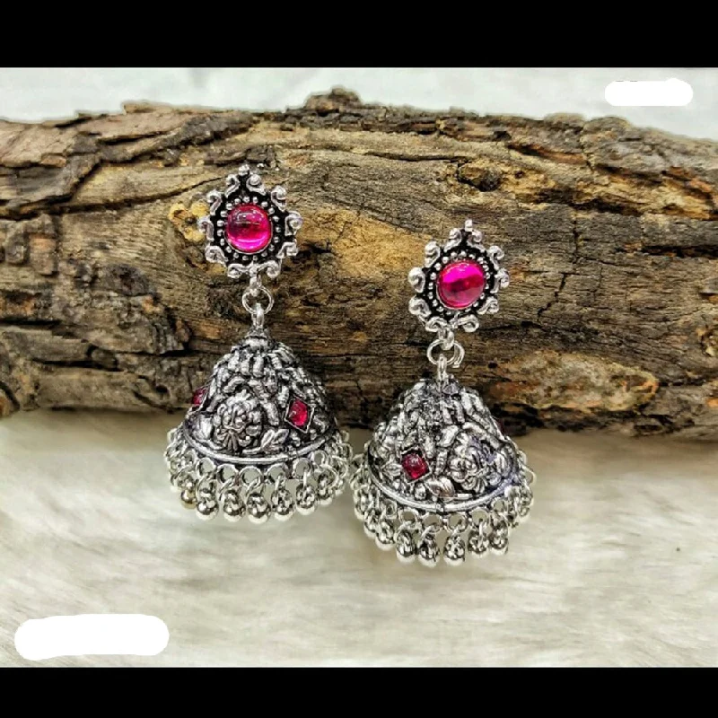 women silver hoop earrings -Jinu Arts Oxidised Plated Pink Kundan Jhumki Earrings