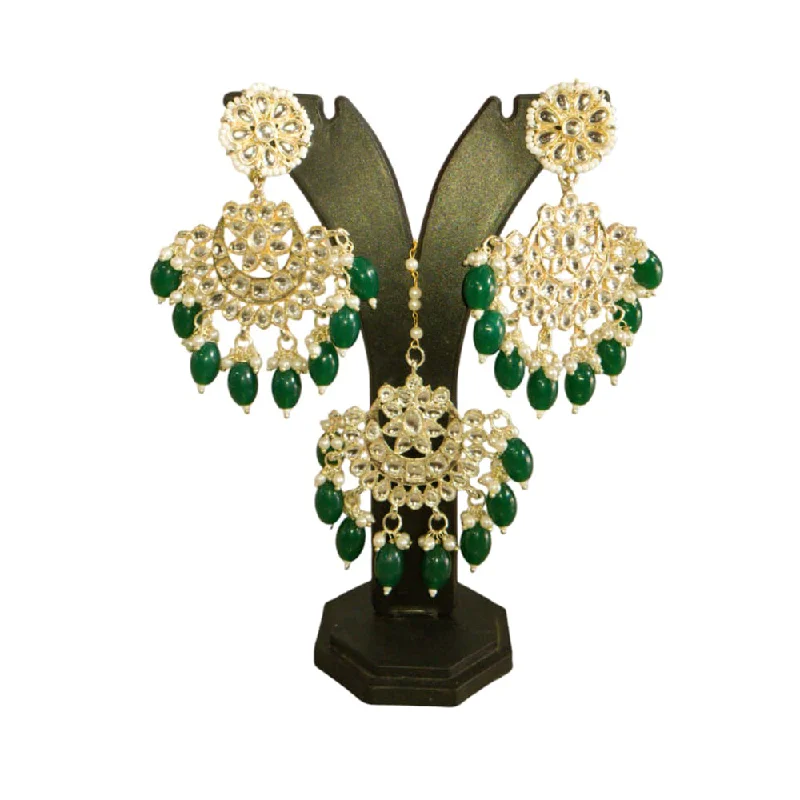 women gold stud earrings -SNERA Gold Plated Kundan Stone And Pearls Dangler Earrings With Maangtikka