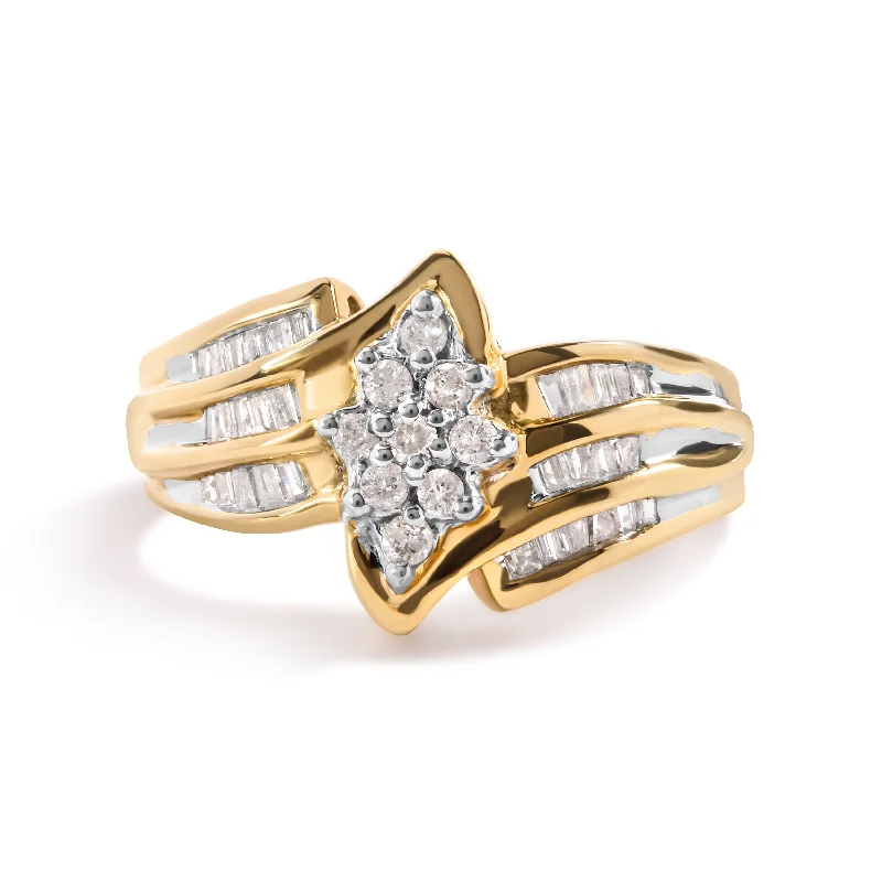 women engagement rings with side stones -10K Yellow Gold 1/2 Cttw Round And Baguette-cut Diamond Cluster Head and Channel Set Shank Ring