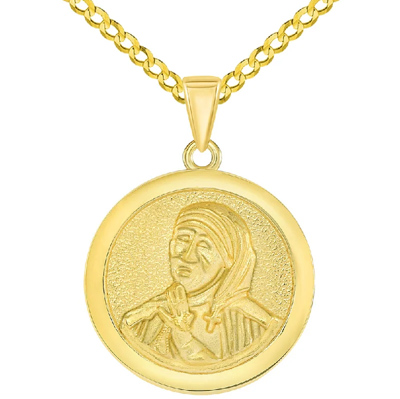 women gold necklaces -Solid 14k Yellow Gold Round Mother Teresa Medallion Pendant with Curb Chain Necklace