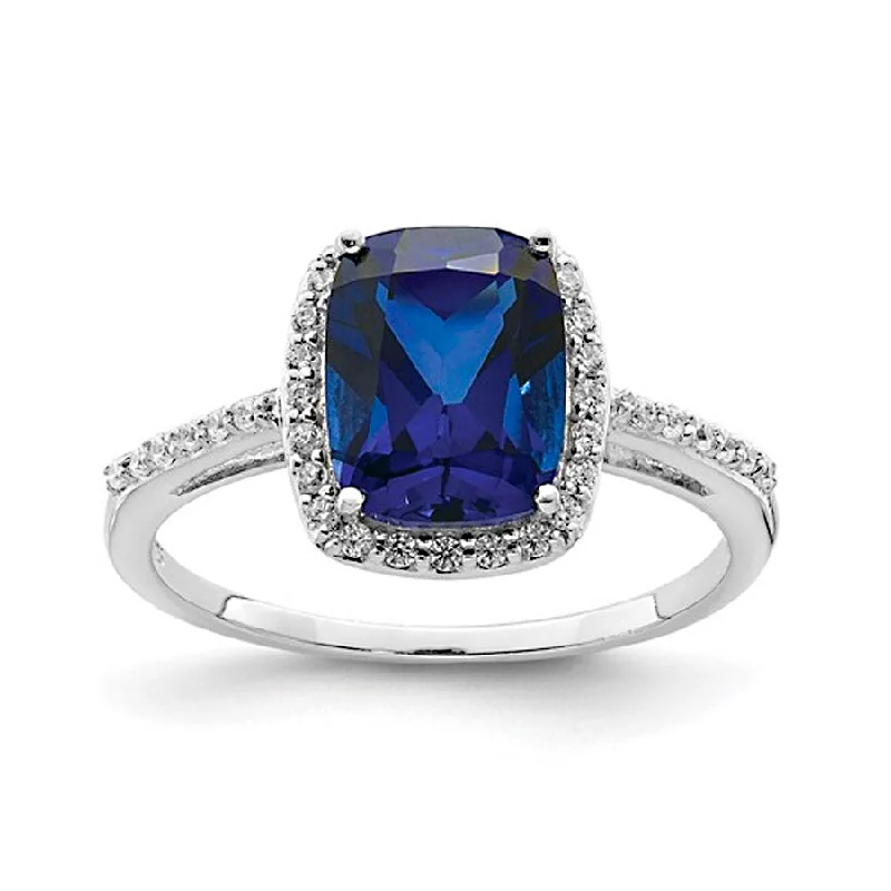 women adjustable rings -Sterling Silver Lab Grown Blue Sapphire & CZ Ring