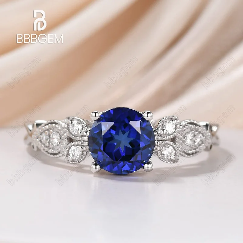 women birthstone engagement rings -1CT Floral Blue Sapphire Milgrain Lab Sapphire Engagement Ring 14k/18k White Gold